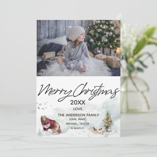 Woodland Forest Sled Beer Foto Vrolijk Kerstfeest Feestdagenkaart (Staand voorkant)