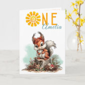 Woodland Forest Squirrel First Birthday Card Kaart (Gele Bloem)