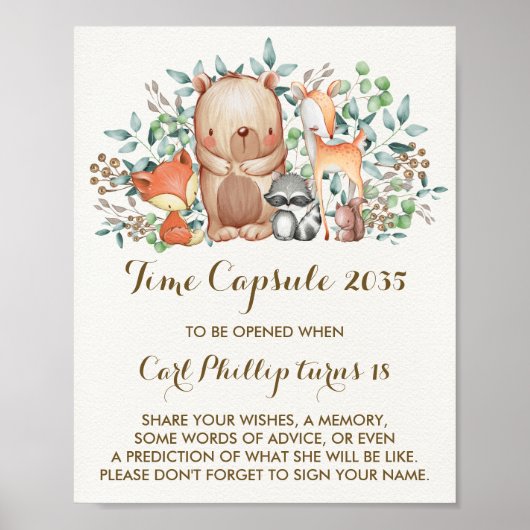 Woodland Forest Time Capsule 1st Birthday Sign Poster (Voorkant)