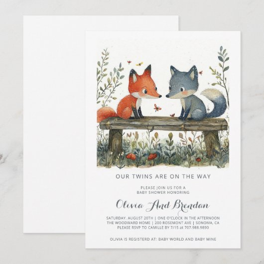 Woodland Forest Twins Baby shower Kaart (Voorkant / Achterkant)