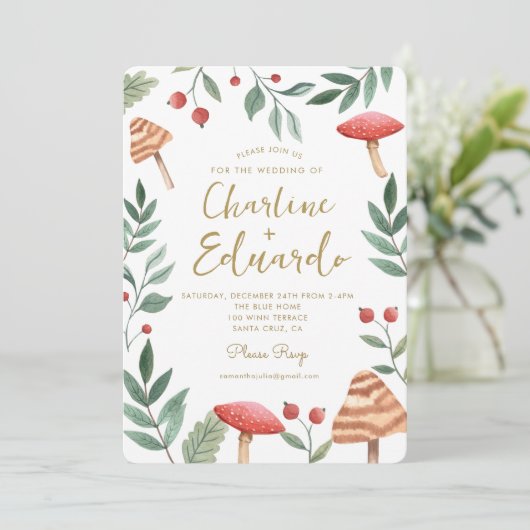 Woodland forest Waterverf Paddenstoel bruiloft Kaart (Staand voorkant)