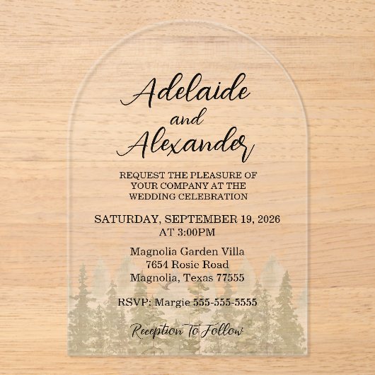 Woodland Forest Wedding Green Acryl Uitnodigingen (Voorkant)