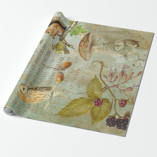 Woodland Forest Wildlife Squirrel, Owl, ontkoppeli Cadeaupapier (Uitgerold)