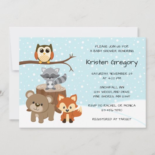 Woodland Forest Winter Baby Shower Uitnodigingen (Voorkant)