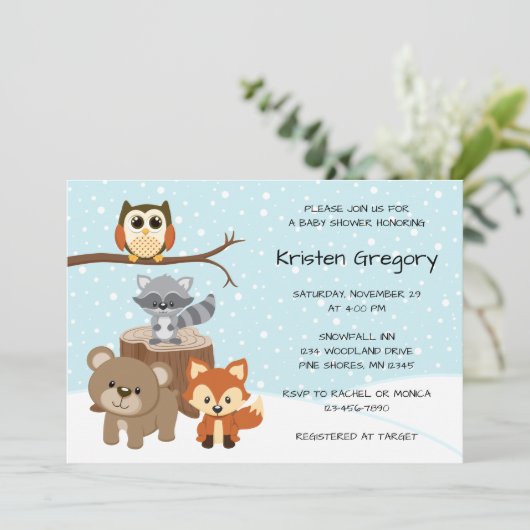 Woodland Forest Winter Baby Shower Uitnodigingen (Staand voorkant)