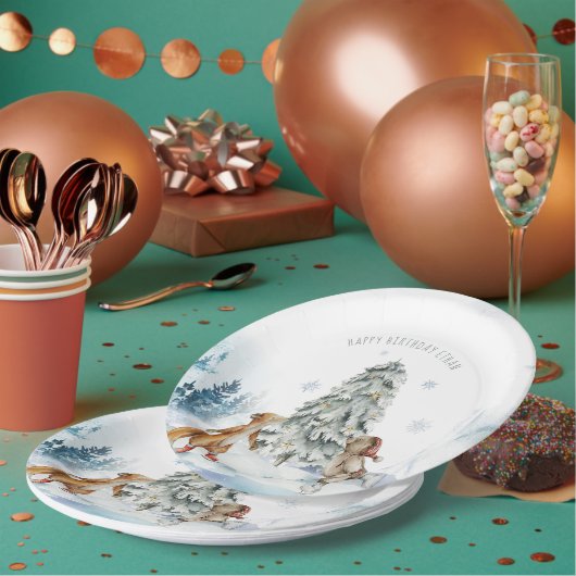 Woodland Forest Winter Kerstmis Birthday Papieren Bordje (Multi)