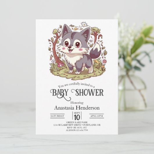 Woodland Forest Wolf Baby shower Kaart (Staand voorkant)