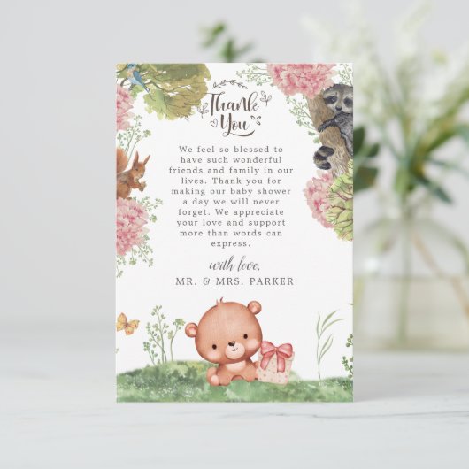 Woodland Forst Cute Beer Animal Baby shower Bedankkaart (Staand voorkant)