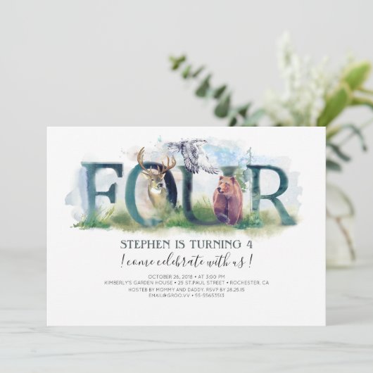 Woodland Four - 4e verjaardag uitnodiging (Staand voorkant)