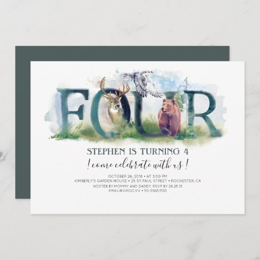Woodland Four - 4e verjaardag uitnodiging (Voorkant / Achterkant)
