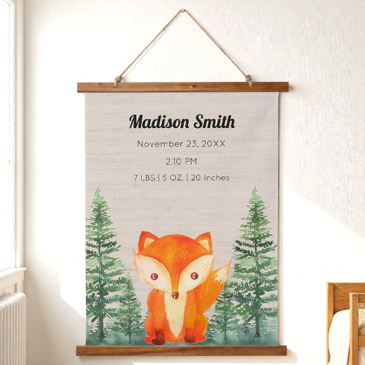 Woodland Fox Baby Birth Stats Nursery Hangend Wandkleed