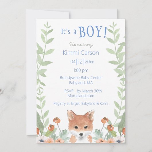 Woodland Fox Baby Boy Script Floral Baby shower Kaart (Voorkant)