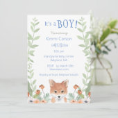 Woodland Fox Baby Boy Script Floral Baby shower Kaart (Staand voorkant)