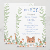 Woodland Fox Baby Boy Script Floral Baby shower Kaart (Voorkant / Achterkant)