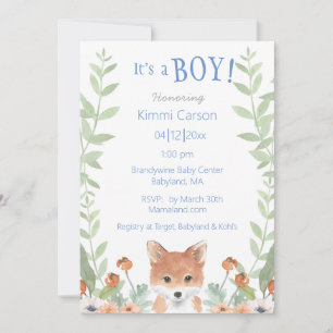 Woodland Fox Baby Boy Script Floral Baby shower Kaart