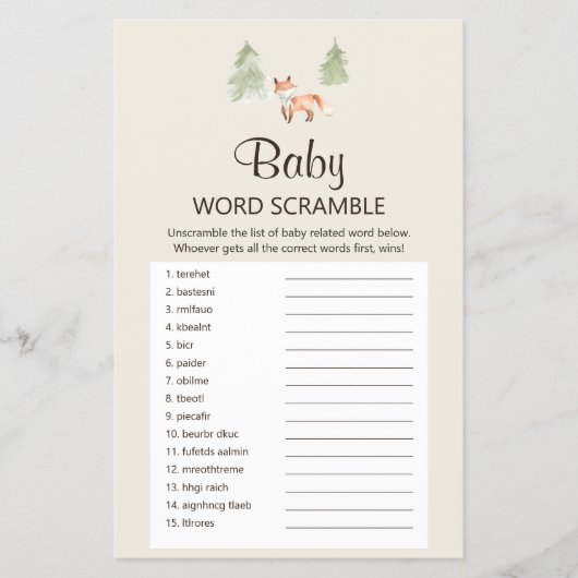 Woodland Fox Baby shower Baby Word Scramble Game Flyer (Voorkant)