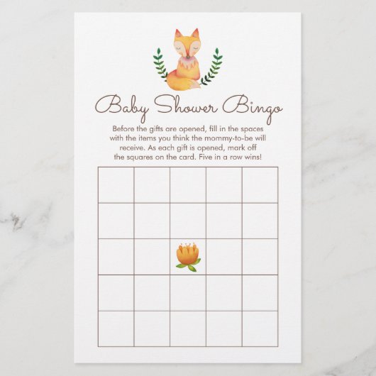 Woodland Fox Baby shower Bingo Game (Voorkant)