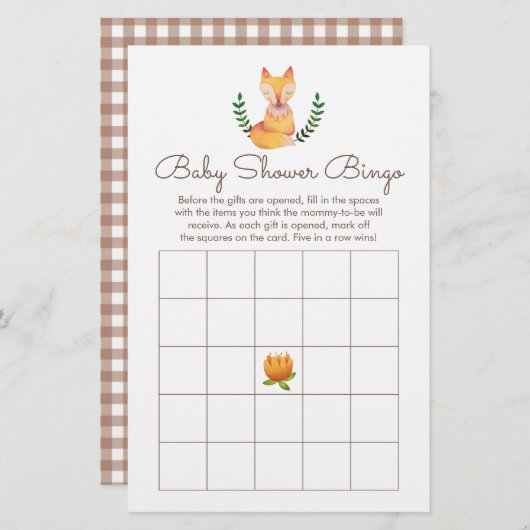 Woodland Fox Baby shower Bingo Game (Voorkant / Achterkant)