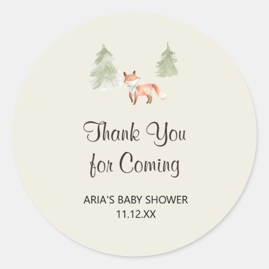Woodland Fox Baby shower Favor Ronde Sticker (Voorkant)
