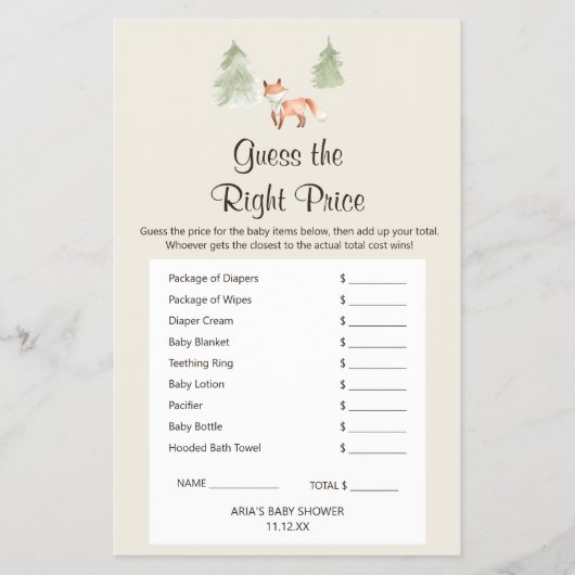 Woodland Fox Baby Shower Guess Flyer (Voorkant)