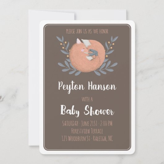 Woodland Fox Baby shower Invitation (dubbelzijdig) Kaart (Voorkant)
