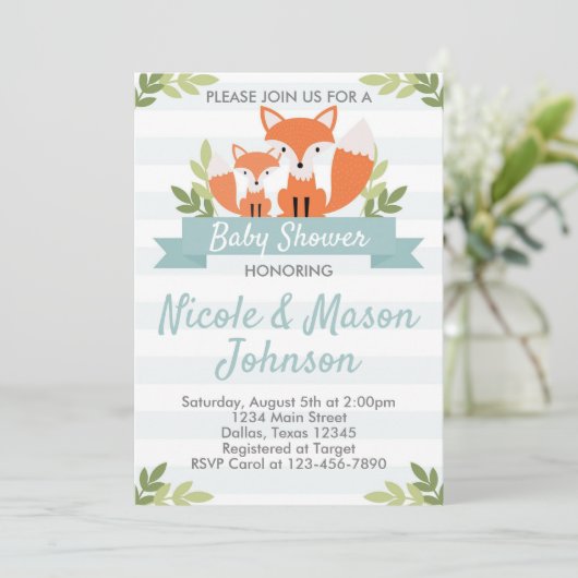Woodland Fox Baby shower Invitation Invite Kaart (Staand voorkant)
