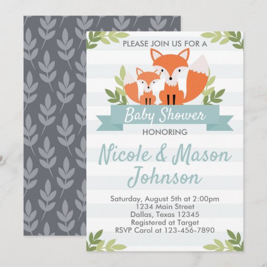 Woodland Fox Baby shower Invitation Invite Kaart (Voorkant / Achterkant)