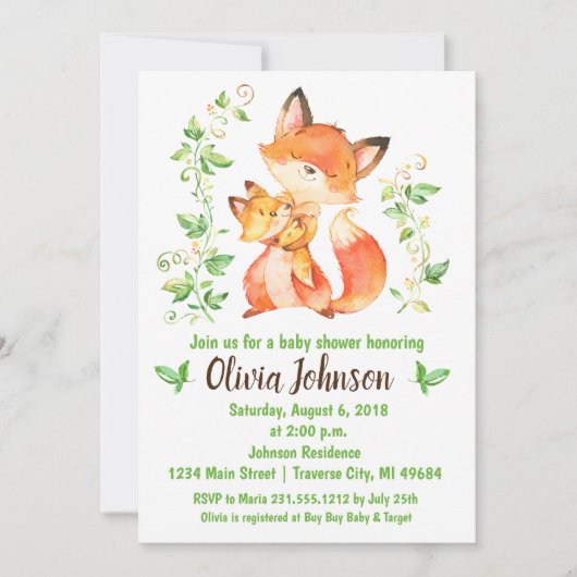 Woodland Fox Baby shower Invitation Kaart (Voorkant)