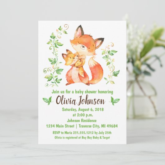 Woodland Fox Baby shower Invitation Kaart (Staand voorkant)