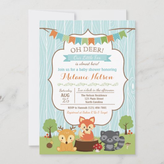Woodland Fox Baby shower Invitation Oh Deer Kaart (Voorkant)