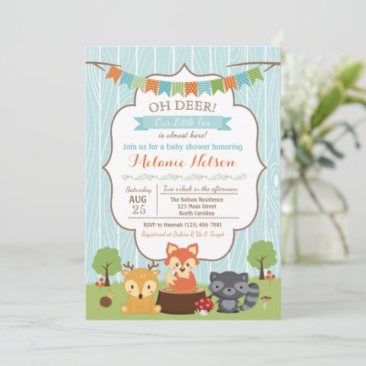Woodland Fox Baby shower Invitation Oh Deer Kaart (Staand voorkant)