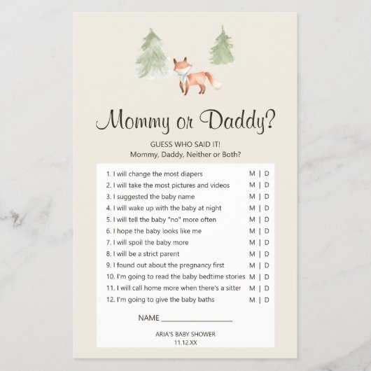 Woodland Fox Baby shower mama of papa Game Flyer (Voorkant)