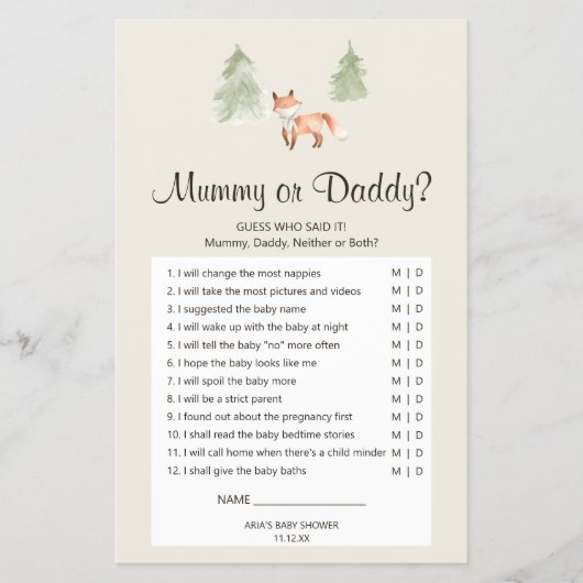 Woodland Fox Baby shower Mummy of Dad Game Flyer (Voorkant)
