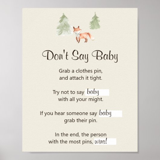 Woodland Fox Baby shower Zeg geen Baby Poster (Voorkant)