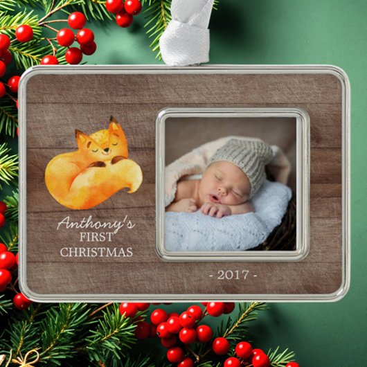Woodland Fox Baby's 1e Kerstmis Foto Ornament