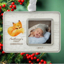 Woodland Fox Baby's 1e Kerstmis Foto Ornament