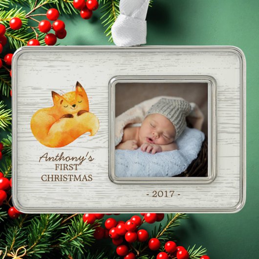 Woodland Fox Baby's 1e Kerstmis Foto Ornament