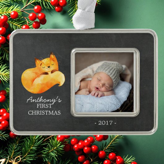 Woodland Fox Baby's 1e Kerstmis Foto Ornament