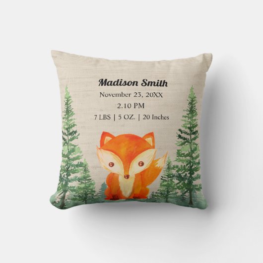 Woodland Fox Birth Stats Brown Nursery Kussen (Voorkant)