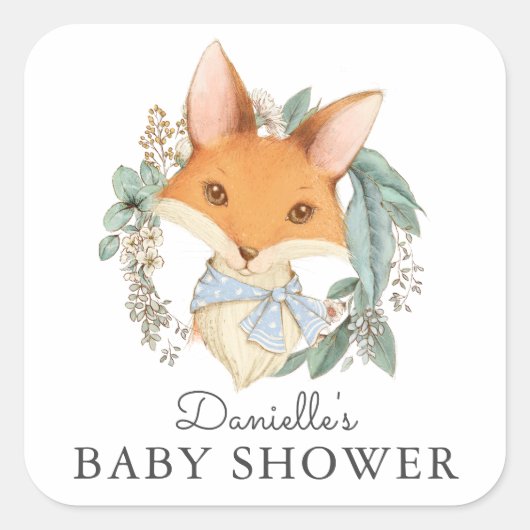  Woodland Fox Blue Baby shower Vierkante Sticker (Voorkant)