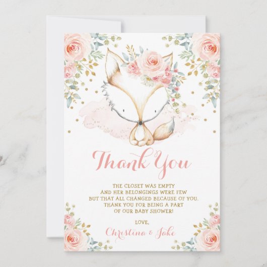 Woodland Fox Blush Goud Bloemen Meisje Baby shower Bedankkaart (Voorkant)