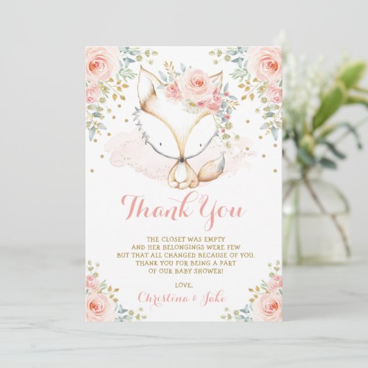Woodland Fox Blush Goud Bloemen Meisje Baby shower Bedankkaart (Staand voorkant)