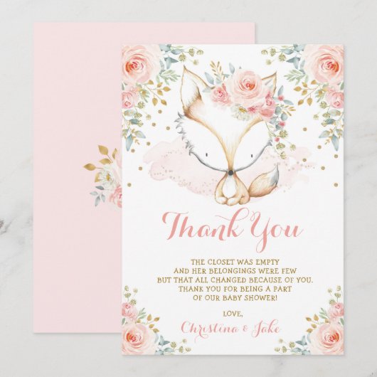 Woodland Fox Blush Goud Bloemen Meisje Baby shower Bedankkaart (Voorkant / Achterkant)