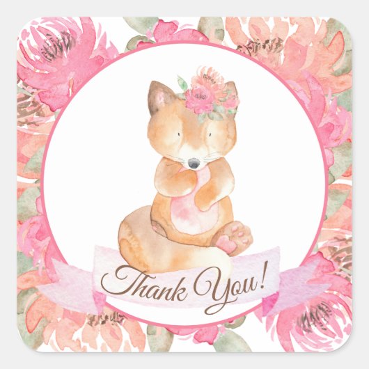 Woodland Fox Boho Pink Floral Baby shower Vierkante Sticker (Voorkant)