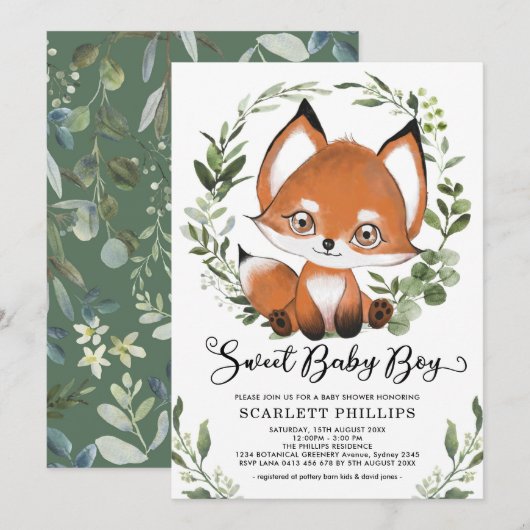 Woodland Fox Botanical Greenery Boy Baby shower Kaart (Voorkant / Achterkant)