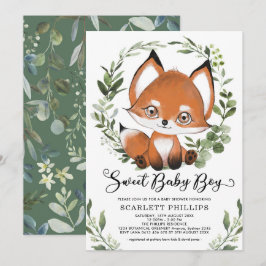 Woodland Fox Botanical Greenery Boy Baby shower Kaart