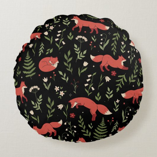 Woodland Fox Botanical Pattern Rond Kussen (Voorkant)