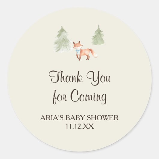 Woodland Fox Boy Baby shower Favor Ronde Sticker (Voorkant)