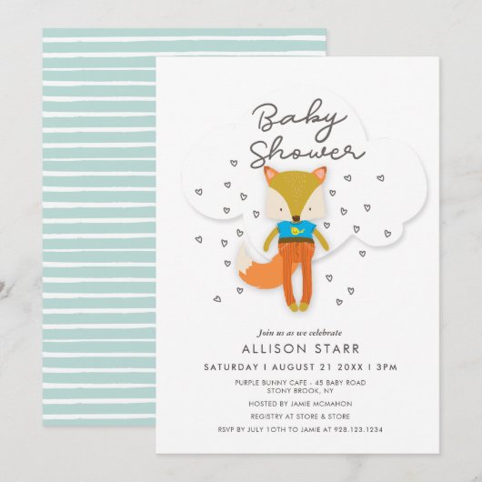 Woodland Fox Boy Baby shower Invitation Kaart (Voorkant / Achterkant)