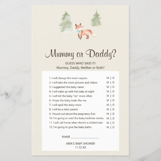 Woodland Fox Boy Baby shower Mummy of Dad Game Flyer (Voorkant)